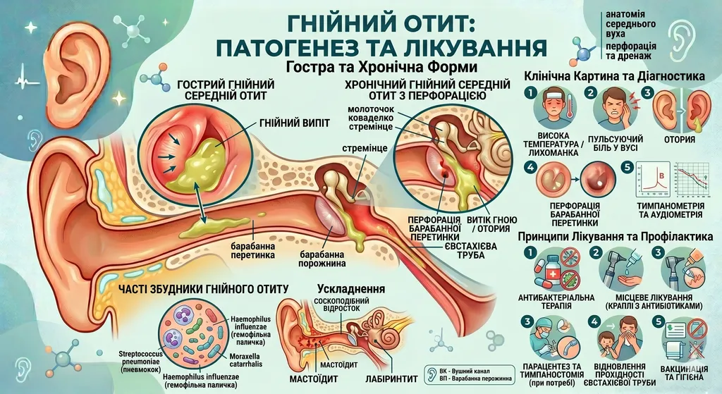 Схема патогенезу гнійного отиту: збудники, перфорація перетинки та лікування