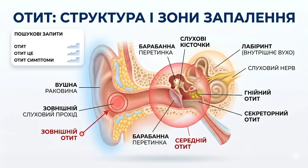 Схема будови вуха при отиті: зовнішній, середній, секреторний та гнійний отит