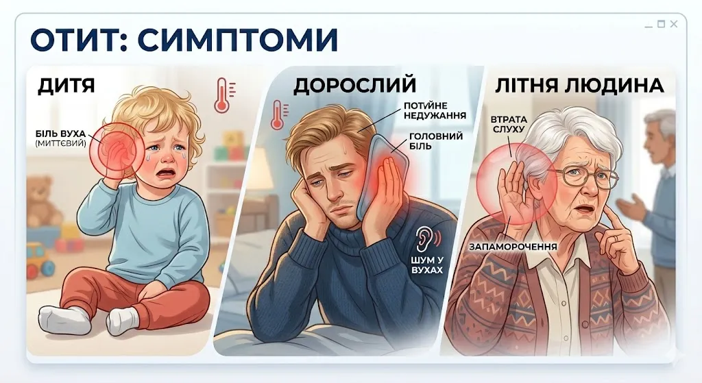Інфографіка симптомів отиту у дитини, дорослого та літньої людини: біль у вусі, шум, запаморочення, втрата слуху