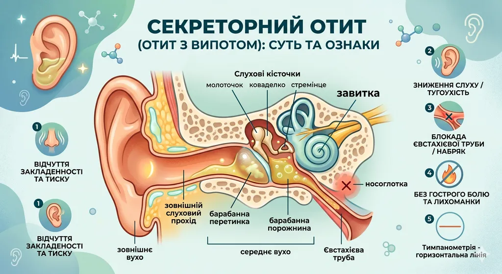 Анатомія середнього вуха при секреторному отиті: рідина та блокада євстахієвої труби
