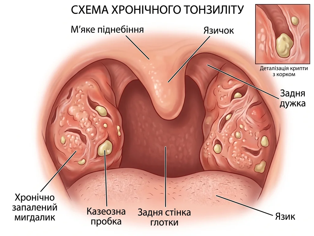 Хронічний тонзиліт — симптоми, пробки в мигдаликах та лікування. ЛОР лікар Самборський В. І., Київ